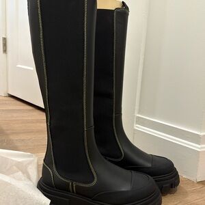 GANNI high chelsea boots black with yellow stitch